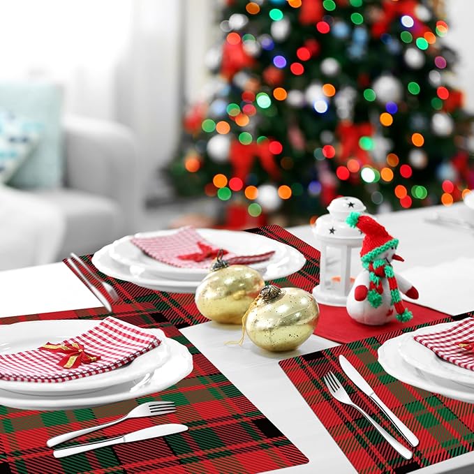 Christmas Placemats Set of 6 Red and Green Plaid Plastic Table Mats Recyclable Place Mats Washable Farmhouse Holiday Table Decoration for Indoor Outdoor Christmas Party Kitchen Dining