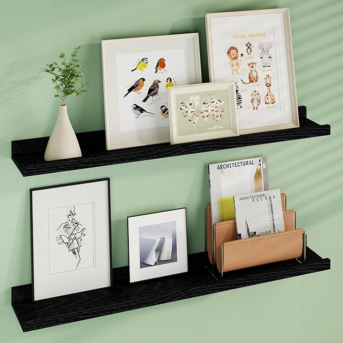 Floating Picture Ledge Shelves 36 Inch Solid Oak Wood Set of 2, Rustic Wall Storage Shelves with Lip, Kids Bookshelf, Photo & Picture Ledge Shelves for Bedroom, Living Room, Kitchen