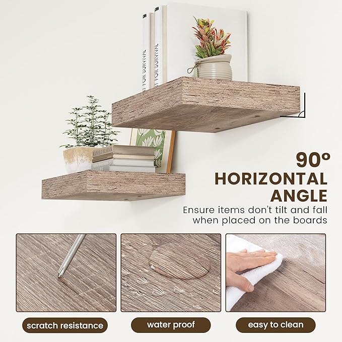 Deep Floating Shelves for Wall | 16 Inch Wide x 12 Inch Deep Floating Shelves Set of 2 | Rustic Grey Wood Wide Wall Shelves | Bookshelf Laundry Shelf TV Shelf