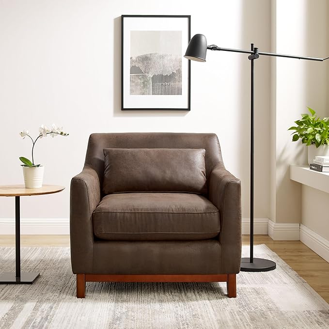 Extra Deep Accent Chair, Comfy Fabric Armchair with Wood Base, Upholstered Single Sofa Chair for Living Room & Bedroom, Faux Leather Dark Brown