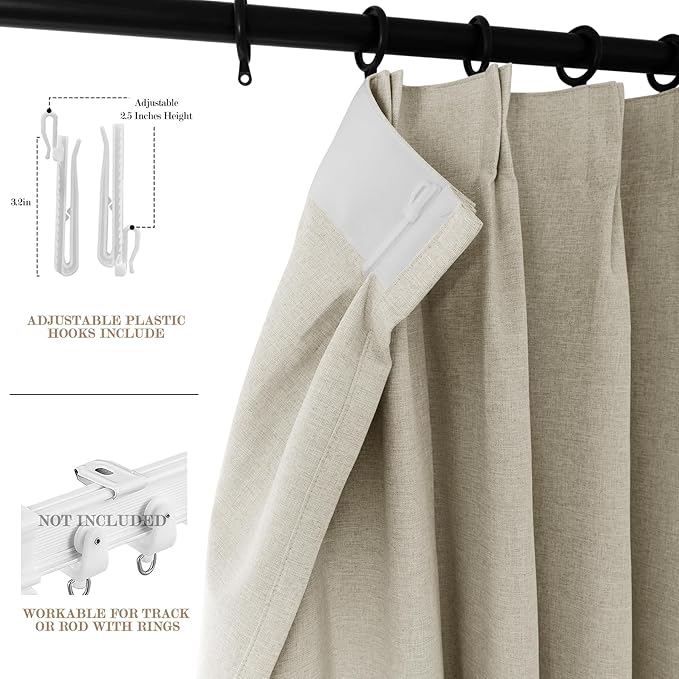 Extra Wide 100% Blackout Linen Textured Curtains - Room Dividers, W200 x L84 (1 Panel), Pinch Pleat Drapes for Living Room, Full Light Block Out Drapery for Sliding Door, Ivory White