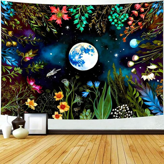 Delur Moonlit Garden Tapestry Boho Moon Floral Plant Tapestry Wall Hanging Colorful Flower Botanical Nature Night Landscape Headboard for Bedroom Living Room Home Decor (59.1" x 78.7")