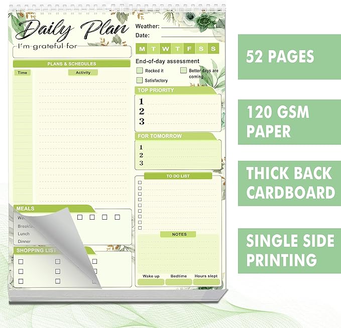 Daily Plan Notepad, 52 Sheets 8.5" X 11.5" Daily for To-Do Lists, Habit Tracking, Academic Scheduling, and Productivity Goals - Perfect for Work, Home, and Office Organization| Tropical Green Floral