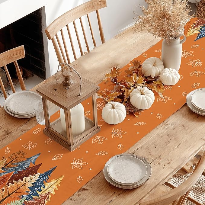 GEEORY Fall Watercolor Trees & Maple Leaves Table Runner 13x108 Inch, Rustic Farmhouse Autumn Thanksgiving Decor for Kitchen, Dining, Indoor/Outdoor Holiday Dinner Party Orange GT158-108
