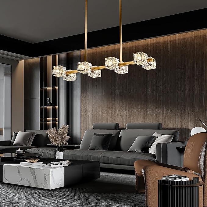 Dining Room Light Fixture,Gold Modern Crystal Chandelier Rectangular Pendant Light with 8 Light Farmhouse Chandeliers for Kitchen Island Dining Room Living Room Bedroom