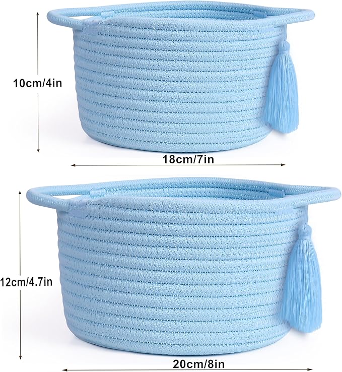 Empty Gift Basket Mini Woven Rope Organizer Baskets for Baby Shower, Vanity, Makeup Brushes, Bathroom, Shelves, Desk - Small Decorative Storage Bins - Set of 2, Pre-Shaped, Soft Blue