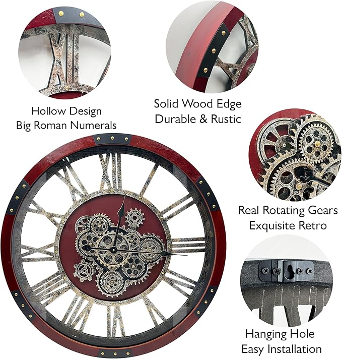 DORBOKER 30" Original Moving Gears Wall Clock, Large Industrial Wall Clock for Living Room Decor, Retro Wood Vintage Farmhouse Steampunk Rustic Clocks for Wall Decor,Red Walnut Wood