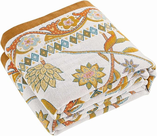 Fall Throw Blanket for Couch, Brown Boho Decorative Throw Blanket, 100% Cotton Muslin Breathable Woven Farmhouse Blankets Quilt, 50"x60" Reversible Lightweight Blankets Bohemian Throw Quilt