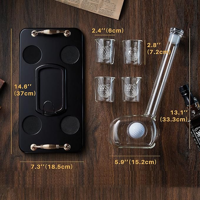 Golf Whiskey Decanter Set with 4 Golf Ball Shot Glasses, Unique Golf Gifts for Men Women, 750ml Golf Themed Liquor Dispenser, Golf Club Drink Dispenser for Bourbon, Scotch, Vodka, Tequila