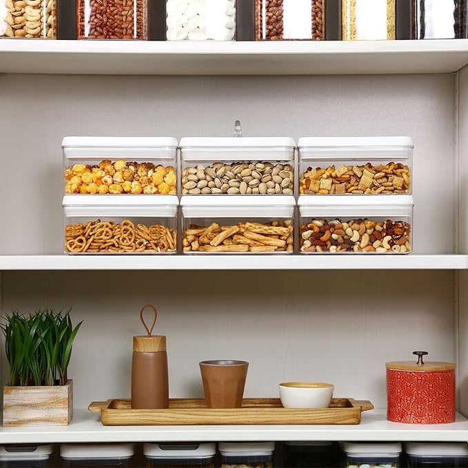 Felli Flip Tite Food Storage Container with Lid 4” RECTANGLE Airtight Ring Flip Lock Top, Stackable Acrylic Canister Set for Kitchen Fridge Pantry Organizer, Veggie Fruit Tea Bag Snack (1.1 qt)