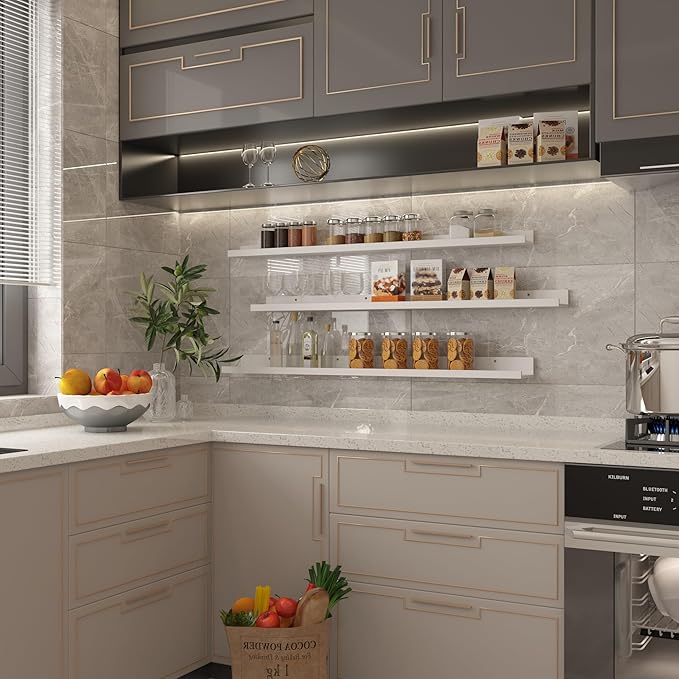 Giftgarden 47 Inch White Floating Shelves for Wall Mount, Modern Long Wood Wall Shelf Ledge for Bathroom Bedroom Living Room Kitchen Nursery Storage, Set of 3 Different Sizes