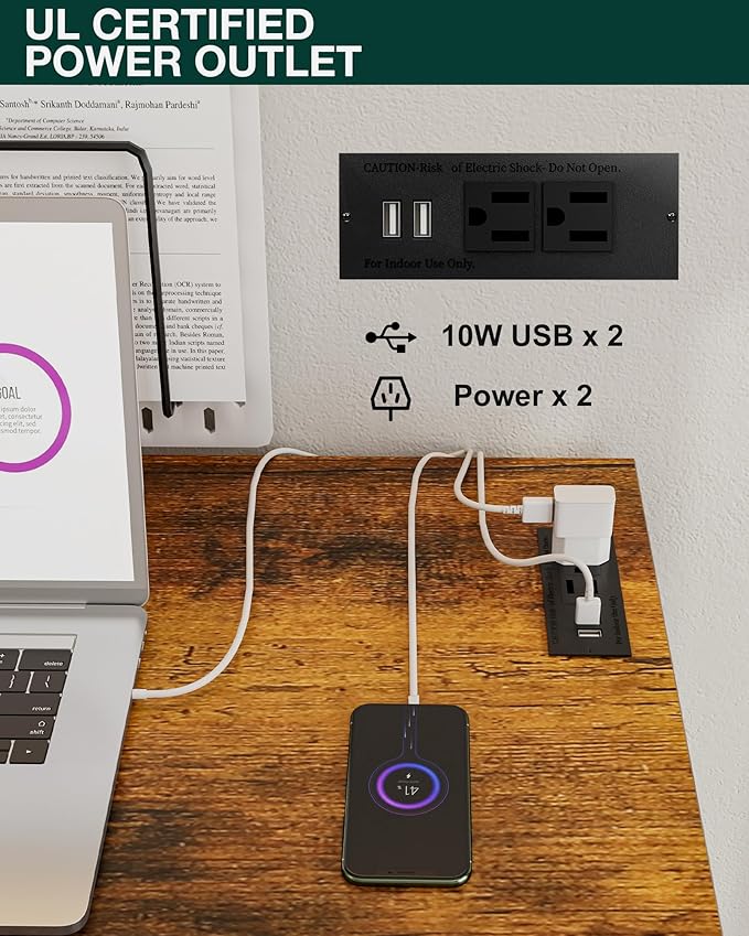 Frylr Small Folding Computer Desk – 55.1 Inch Portable Table for Craft and Study, Lightweight Desk for Small Spaces, Foldable Laptop Table Built-in AC/USB Outlets for Convenience, Rustic Brown