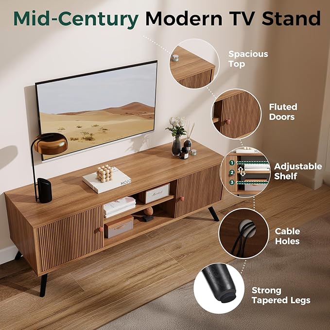 COMHOMA TV Stand for Living Room, Mid Century Modern Entertainment Center for 55/60/65 Inch TVs, Retro Brown TV Console with Fluted Door Cabinets and Open Adjustable Shelve Storage for Bedroom