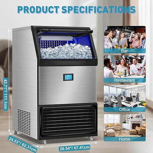 Commercial Ice Maker Machine 550LBS/24H with 185LBS Large Ice Storage Bin, 162Pcs Clear Ice Cubes in 11Mins, Stainless Steel Under Counter Industrial Ice Machine for Bar, Restaurant Business