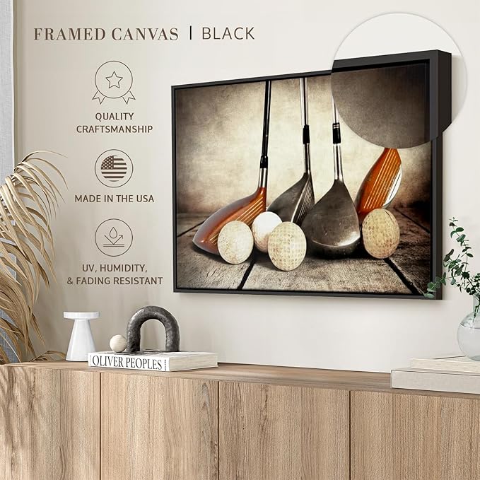 Elephant Stock Golf Sets Wall Art - Horizontal Framed Canvas - 1-Piece Mancave Wall Decor - Photography Sports Canvas Print - Yellow and Brown Decor for Wall - 19" X 13"