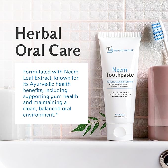 Fluoride-Free Neem Toothpaste with Mint for Adults & Kids with Sensitivity | Vegan, Gluten & SLS Free Herbal Formula for Sensitive Teeth, Healthy Gums and Fresh Breath, 4.23 oz (120g) Pack of 3 by M3