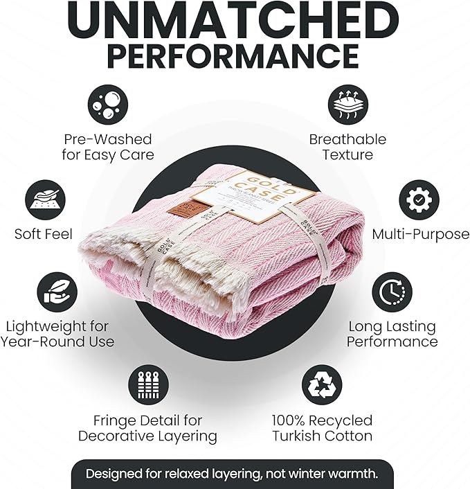 Gold Case Throw Blanket for Couch – 100% Recycled Turkish Cotton Blankets & Throws – Elegant Decorative Throw Blankets for Living Room Sofa – Woven Throws for Couch – Retro Pink – 50x60