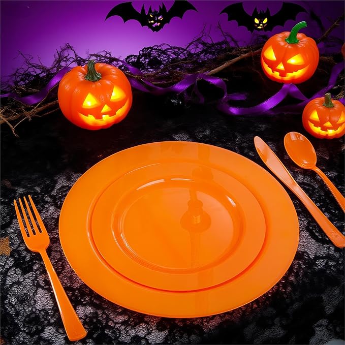 FLOWERCAT 60PCS Orange Plates - Heavy Duty Orange Plastic Plates Disposable for Halloween & Thanksgiving Party - Serve 30 Guests 10.25inch and 7.5inch