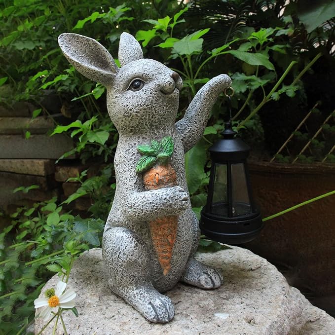 Garden Statues Rabbit Solar Lantern Outdoor Handmade Resin Statue Bunny with Cute Carrot for Patio, Yard,Mother's Day Gift Ideas (rabbit1)