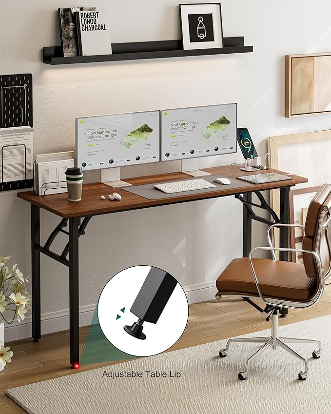 Frylr Small Folding Computer Desk – 55.1 Inch Portable Table for Craft and Study, Lightweight Desk for Small Spaces, Foldable Laptop Table Built-in AC/USB Outlets for Convenience, Dark Walnut