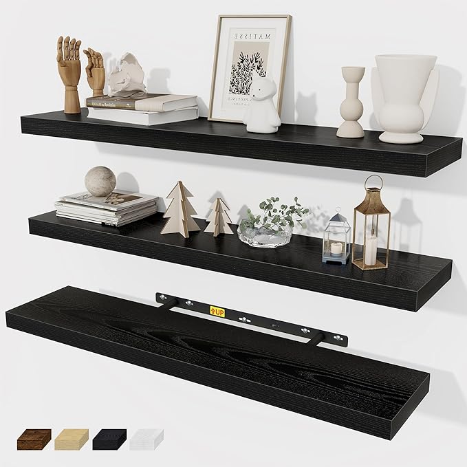 Fun Memories 32 Inch Floating Shelves Wall Shelf Set of 3, Black Bathroom Shelves 32 Inch, Farmhouse Home Decor Living Room, Kitchen Black Shelves for Wall, 32 x 6.7 x 1.4 Inch