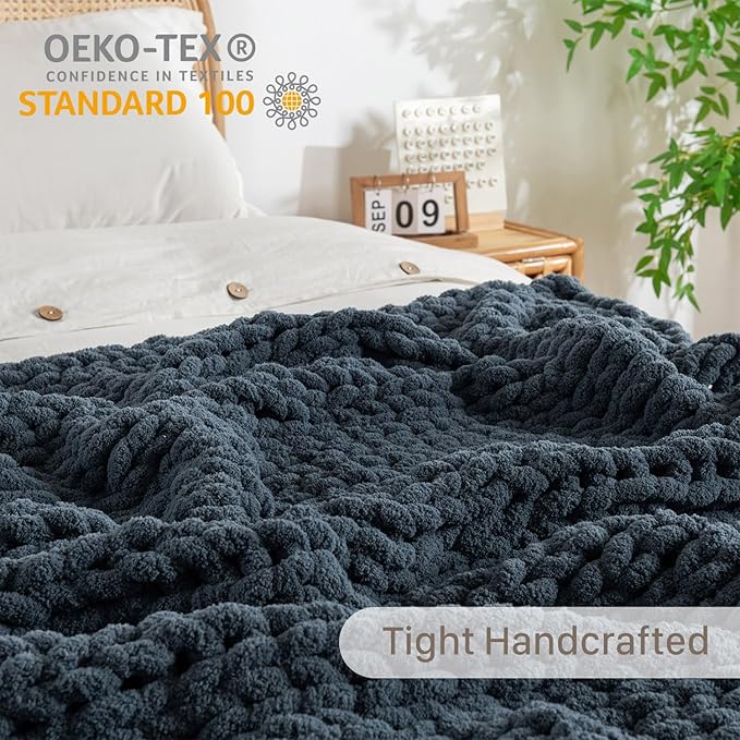 Chunky Knit Blanket Throw, 100% Hand Knit Throw Blanket Handmade Chenille Cable Knit Throw for Couch, Stylish Cozy Soft Rope Knot Crochet Blanket for Home Decor, Blue Mirage, 50x60 Inches