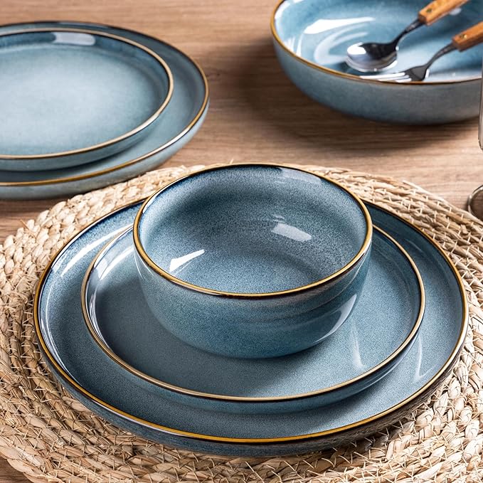 GBHOME Ceramic Dinnerware Sets for 6, 18 Pieces Stoneware Plates and Bowls Sets, Scratch Resistant Dishes, Dishwasher & Microwave Safe, Space Blue