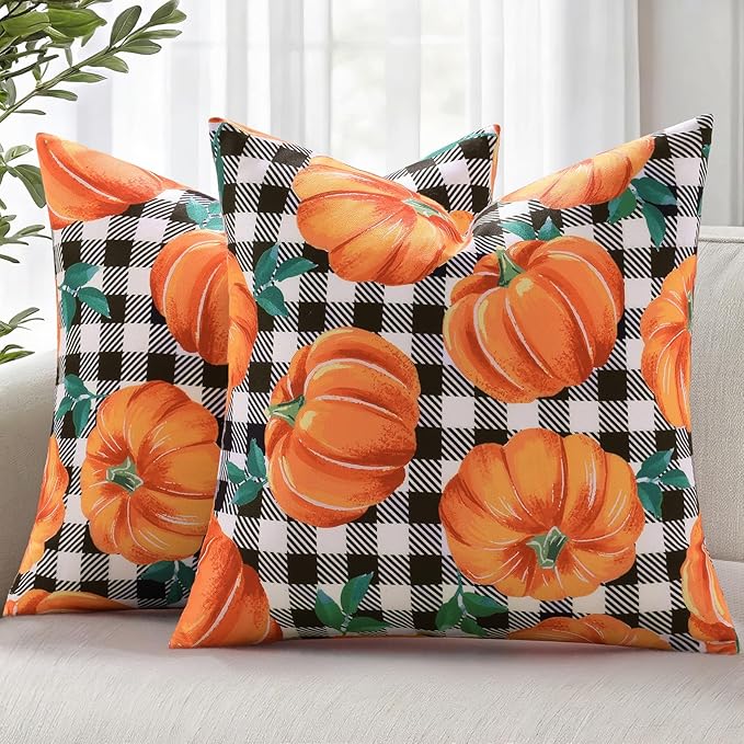 decorUhome Fall Orange Pumpkin Decorative Throw Pillow Covers 20x20 Set of 2, Buffalo Plaid Check Farmhouse Cushion Covers for Autumn Harvest Couch Sofa Bed Home Decor