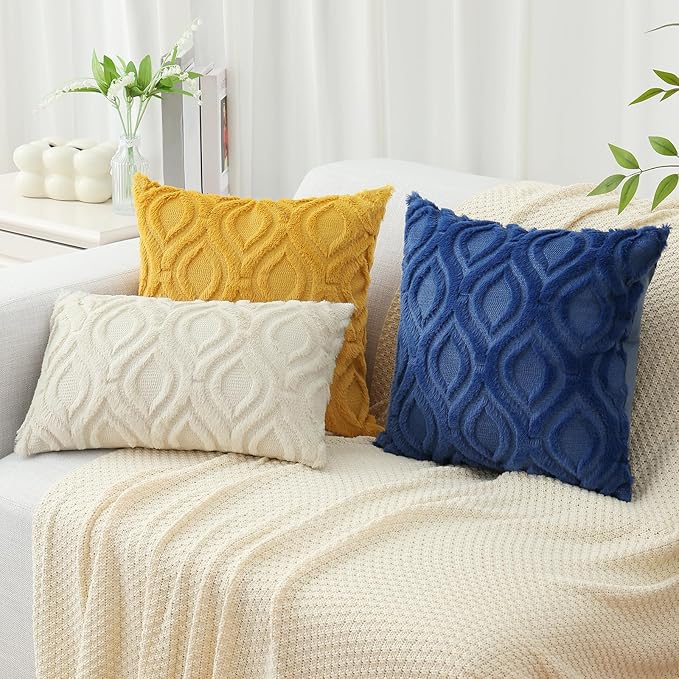 decorUhome Fall Throw Pillow Covers 16x16 Inch Set of 2, Soft Plush Decorative Faux Fur Dark Blue Solid Couch Pillow Covers, Accent Farmhouse Neutral Square Euro Pillow Cases for Sofa Bed Living Room