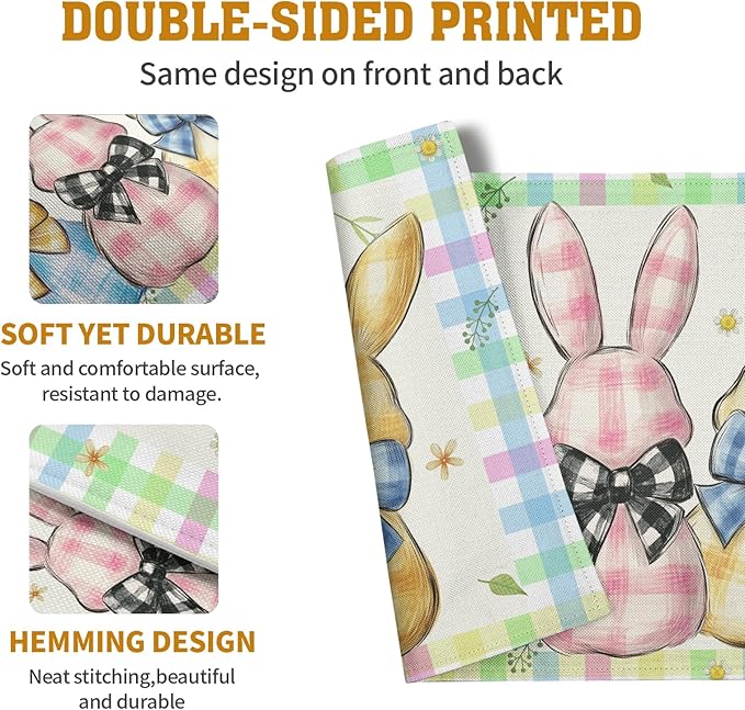 Easter Bunny Placemats Set of 4 Green Blue Pink Yellow Buffalo Plaid Rabbits Floral Bow Place Mats 12x18 Inch Happy Easter Table Mats for Spring Party Kitchen Dining Holiday Decor