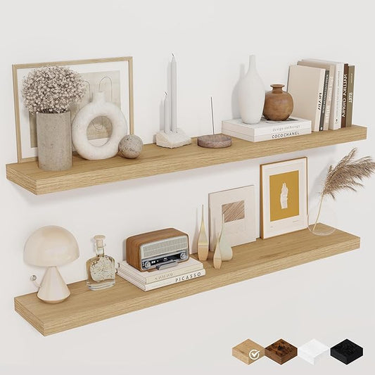 Fun Memories Floating Shelves for Wall, 40" Rustic Wood Deep Wall Mounted Shelves with Invisible Brackets for Decor & Storage, Floating Shelf for Living Room, Bathroom (Oak, Set of 2)