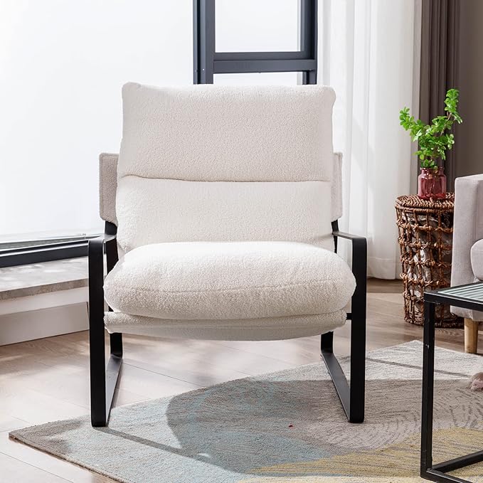 DUOMAY Modern White Sherpa Accent Chair, Comfy Lounge Lazy Chair with Metal Leg, Mid-Century Corner Arm Chair for Living Room Bedroom Office Apartment