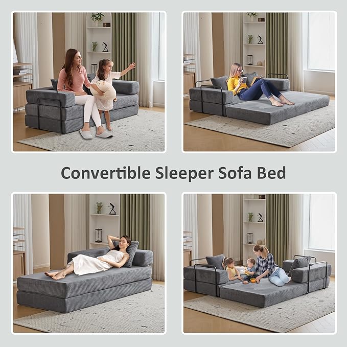 Convertible Sleeper Sofa Bed, Compression Folding Sofa with Pillow, No Assembly Required, Shape Frame, Floor Sofas Lounge Couch for Living Room, Bedroom, Small Spaces(Corduroy, 77''W, Dark Grey)