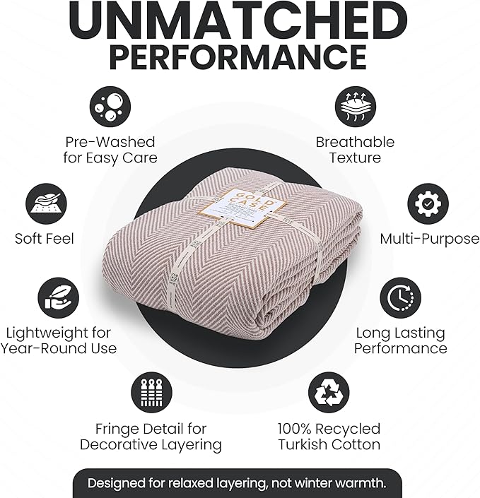 Gold Case Throw Blanket for Bed – 100% Recycled Turkish Cotton Bed Blanket – Decorative Throw Cotton Blankets for Living Room & Bedroom – Elegant Beige Woven Queen Blankets – 90x90