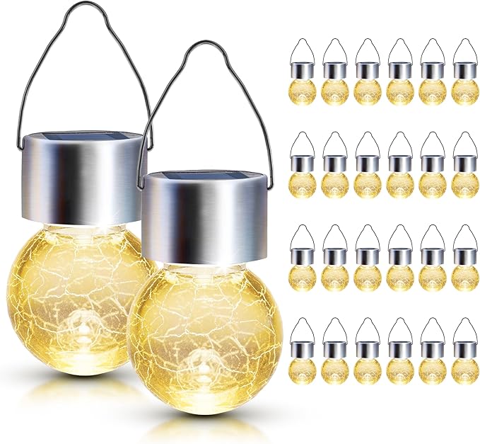 GIGALUMI 24 Pack Solar Outdoor Lights, Solar Hanging Lights for Christmas Decoration-Cracked Glass Solar Lights Outdoor Waterproof for Garden, Yard, Fence, Tree（Warm White）