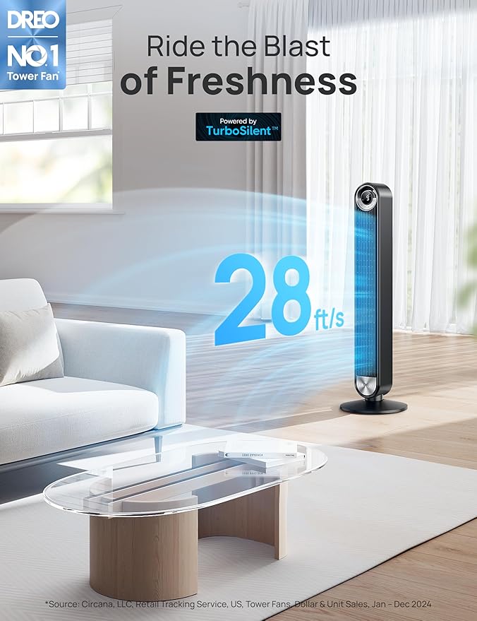 Dreo Tower Fan for Bedroom, Upgraded DC 9 Speeds 25dB Ultra-Quiet Floor Fan, 90° Oscillating Fans with 28ft/s Velocity, 12H Timer, Standing Fan, Bladeless Fan Powerful for Home Office Room