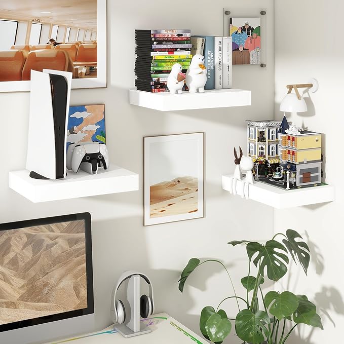 Deep Floating Shelves for Wall | 12 Inch Deep White Floating Shelves Set of 2 | 16W x 12D Rustic Wood Wide Wall Shelves | Bookshelf Laundry Shelf TV Shelf