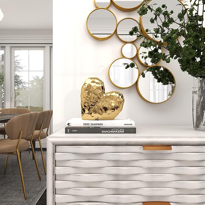 Deco 79 Porcelain Ceramic Heart Decorative Sculpture Dimensional Angled Origami Inspired Home Decor Statue, Accent Figurine 8" x 3" x 8", Gold