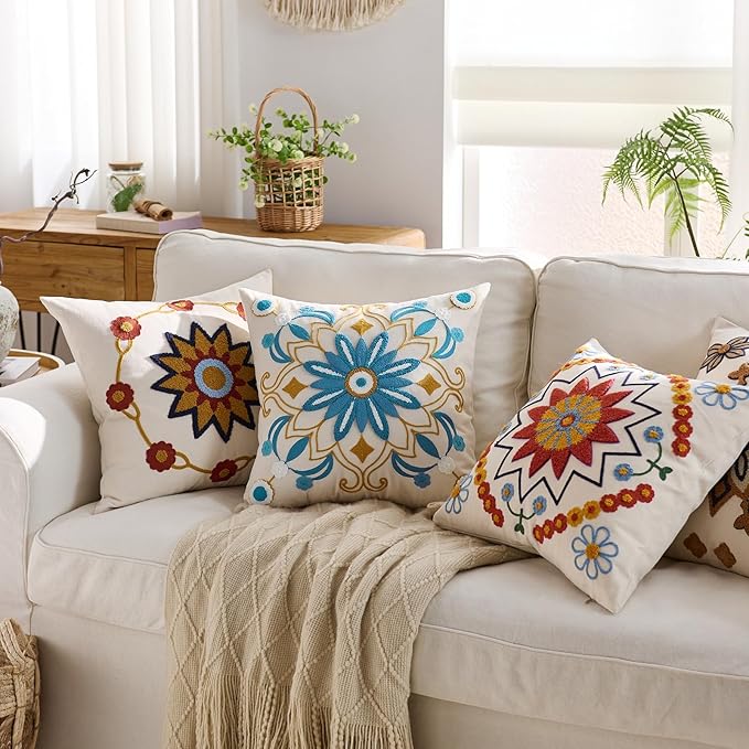 Embroidered Throw Pillow Cover 18x18 Classic Boho Floral Pattern Pillows Cover Outdoor Decorative Pillowcase,Durable Cozy Textured Cushion Case for Sofa Couch Bed Living Room,Teal