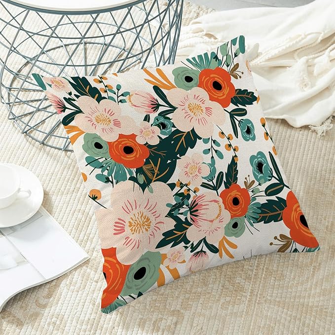 CXMEIFLY Spring Pillow Covers 16 x 16 Inch Set of 2 for Watercolor Flowers Decor Throw Pillows Pink Red Green Plant Floral Outdoor Decorative Cushion Cases for Couch Bed Decorations