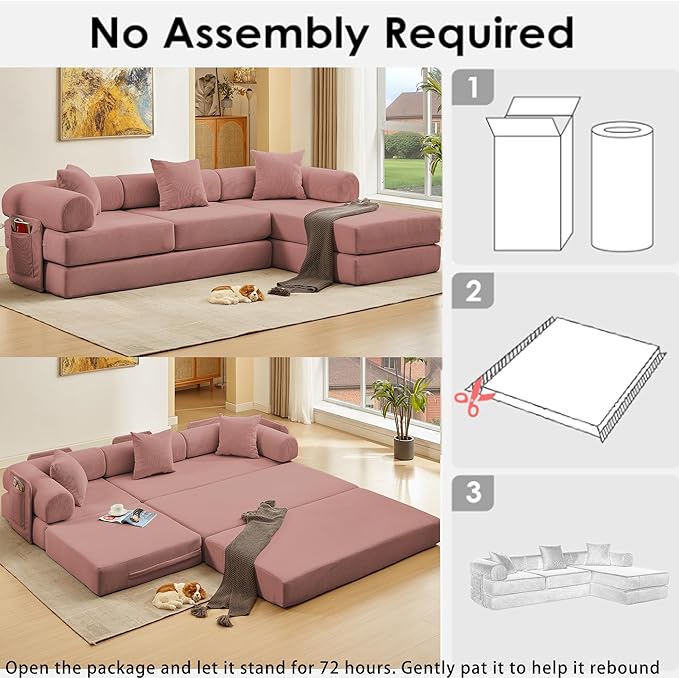 107" Oversized Convertible Sleeper Sofa Bed, Corduroy L Shape Sectional Couch, Folding Sofa Bed with Side Pocket, Modern Cloud Floor Mattress Couch, Modular Sofa for Living Room, Pink
