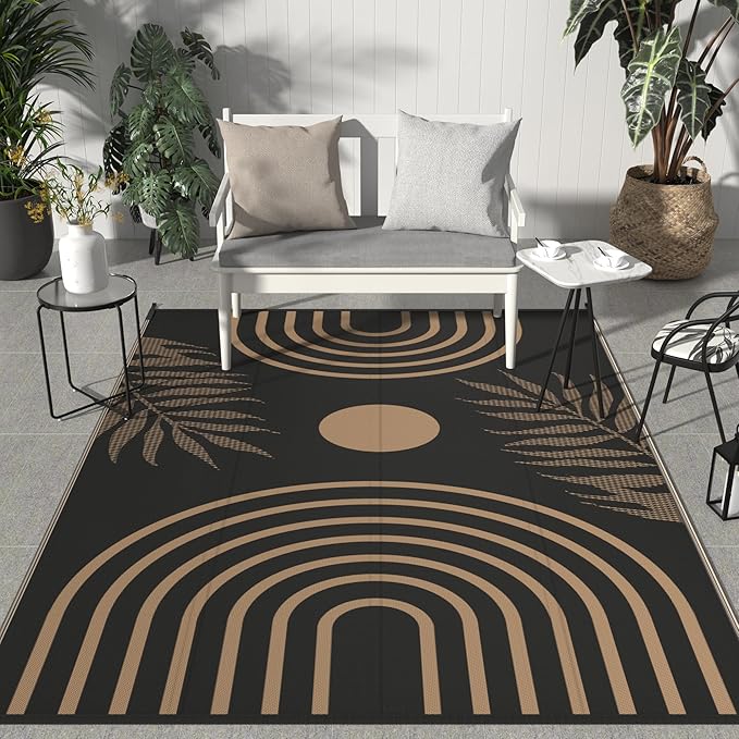 GENIMO Outdoor Rug 5' x 8' Waterproof for Patio Clearance, Reversible Plastic Straw Camping Carpet, Lightweight Rugs Mats for Rv, Backyard, Deck, Porch, Picnic, Balcony, Mix-Black & Brown