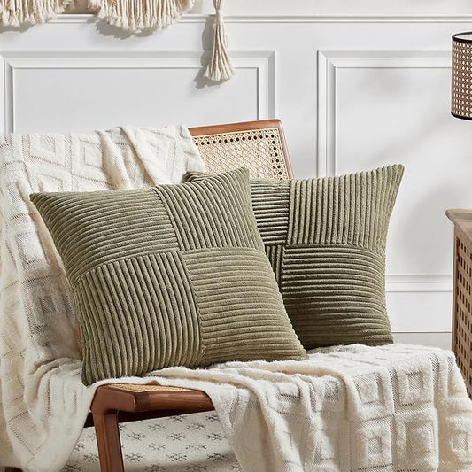 Fancy Homi 2 Packs Olive Green Decorative Throw Pillow Covers 18x18 Inch for Living Room Couch Bed Sofa, Rustic Farmhouse Boho Home Decor, Soft Corss Corduroy Patchwork Textured Cushion Case 45x45 cm
