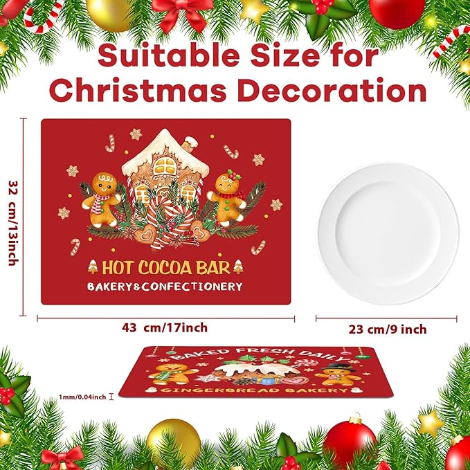 Gingerbread Christmas Placemats Set of 6 Gingerbread Candy Plastic Table Mats Hot Cocoa Place Mats Xmas Gnome Tree Washable Table Decoration for Indoor Outdoor Party Kitchen Dining