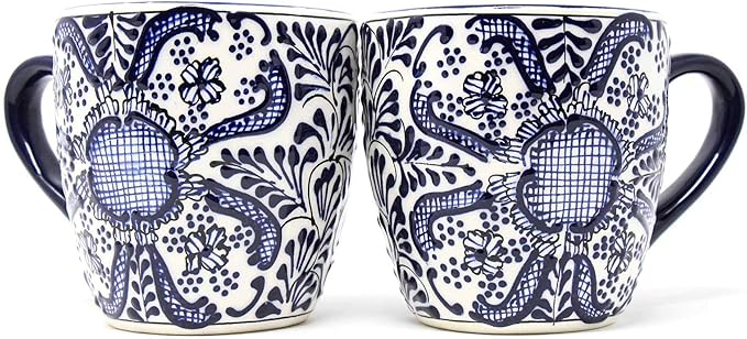 Encantada Handmade Hand-Painted Authentic Mexican Pottery Mugs (Cobalt Blue Flower X2)