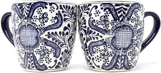 Encantada Handmade Hand-Painted Authentic Mexican Pottery Mugs (Cobalt Blue Flower X2)