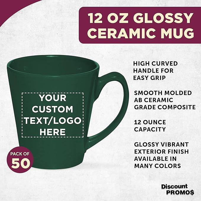 DISCOUNT PROMOS Custom Glossy Ceramic Latte Coffee Mug 12 oz. Set of 50, Personalized Bulk Pack - Perfect for Tea, Espresso, Cappuccino, Hot Cocoa - Green