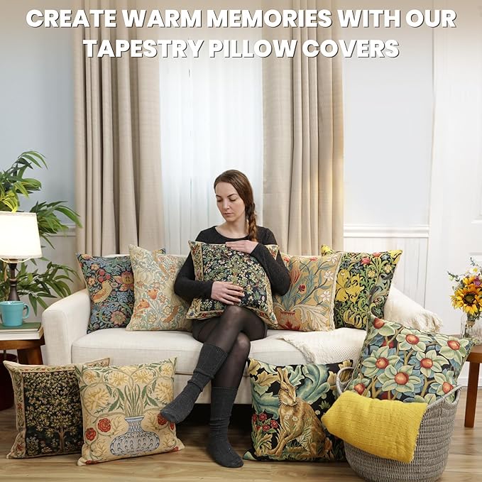 Charlotte Home Furnishings Throw Pillow Covers, Decorative Boho Pillow Cover for Couch, Living Room, Golden Lily Light Square Cushion Cases 18x18 in, European Cotton Jacquard Woven, Cozy Bedroom Decor