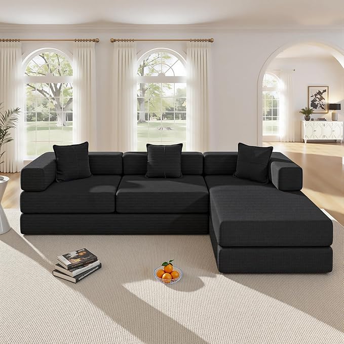 108" Oversized Convertible Sleeper Sofa Bed, Corduroy L Shape Sectional Couch, Folding Sofa Bed with Side Pocket, Modern Cloud Floor Mattress Couch, Modular Sofa for Living Room, Black