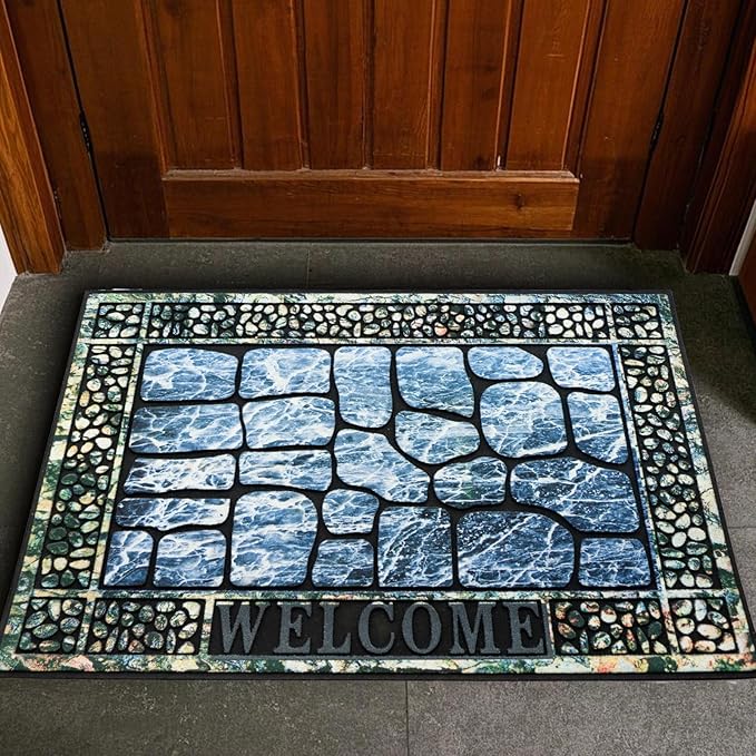 Door Mat Welcome Mat, Heavy Duty Door Mat 17.7 x 29.5 Inch Front Door Mat Rug Doormat for Outdoor Entrance Home Non-Slip Rubber Rug for Front Door, Outside, Entryway, Patio (Blue Welcome)